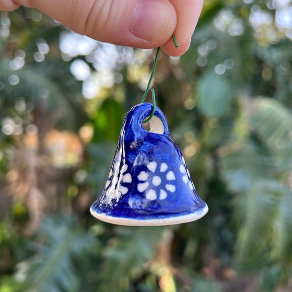 Polish Pottery Mini Bell Ornament Blue & White Floral Ceramic Handcrafted Decor - Picture 3 of 8